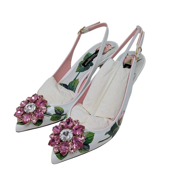 Dolce & Gabbana Jeweled Bellucci Floral Print Slingback Heels White and Pink 35 - Picture 12 of 16